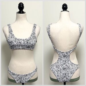 Kaali Beachwear Black White Floral Monokini Open Front Back Strap One Piece Swim